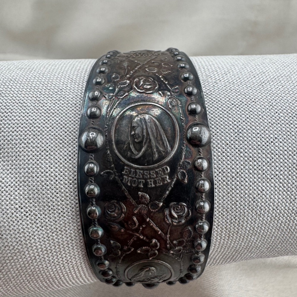 Vintage E.J. Towle Fine Silver Rosary Cuff Bracelet Heirloom Blessed Mother